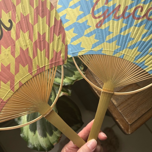 Gucci Houndstooth Patterned Bamboo Paper Fans Blue Yellow Peach Pink Summer Hues